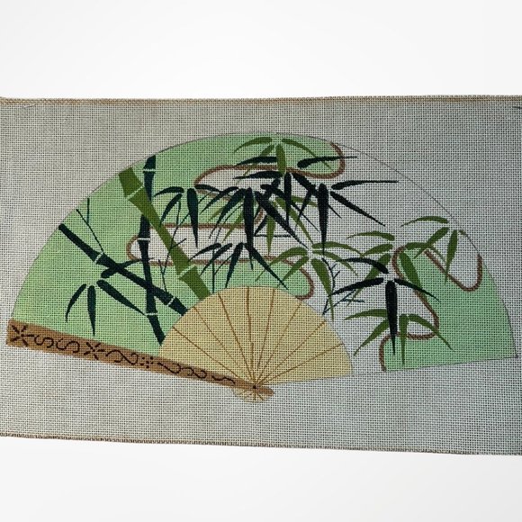 Hand Painted Vintage Needlepoint Canvas Asian Fan with Bamboo - Picture 1 of 5